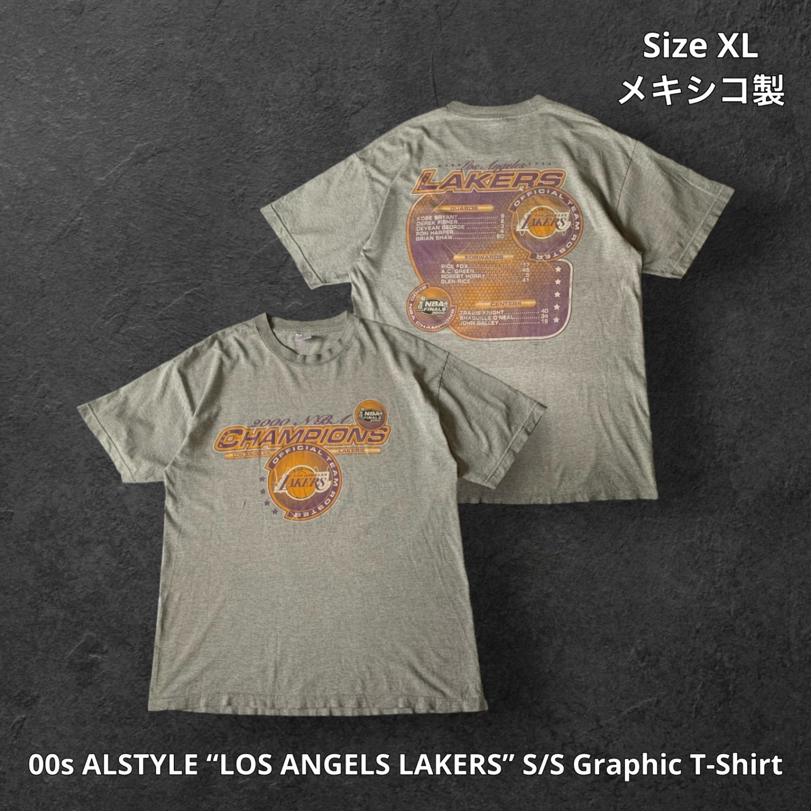 00s ALSTYLE “LOS ANGELS LAKERS” S/S Graphic T-Shirt アルスタイル ロサンゼルスレイカーズ グラフィックTシャツ 半袖 グレー XLサイズ メキシコ製 両面プリント NBA バスケットボール コービー シャック