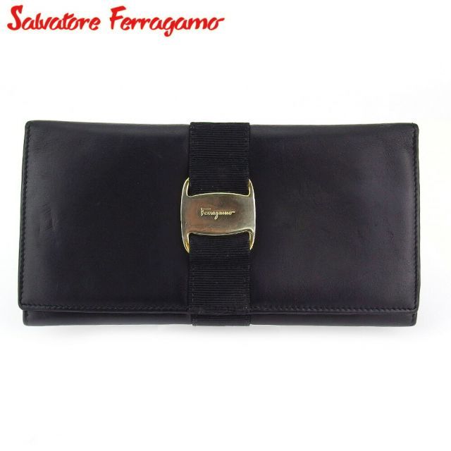 Ferragamo ブラックレザー 長財布 ゴールド金具 サルヴァトーレ フェラガモ 長財布 ファスナー付き 財布