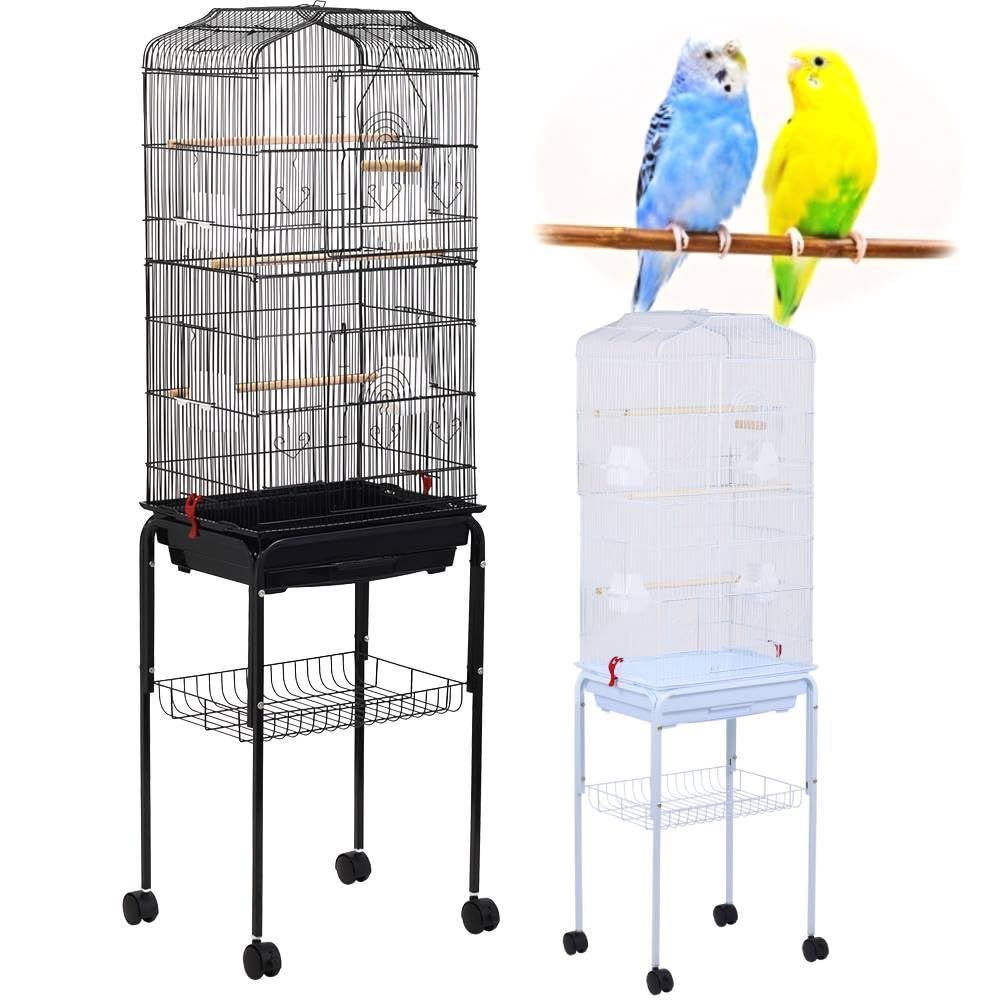 鳥かご インコ 大型 スタンド付き 高さ163×幅46×奥行36cm 持ち運び 鳥 ケージ バードゲージ 鳥小屋 引き出し式トレイ 止まり木 ブランコ 餌入れ 文鳥 セキセイインコ オカメインコ ボタンインコ コザクラインコ ブラック