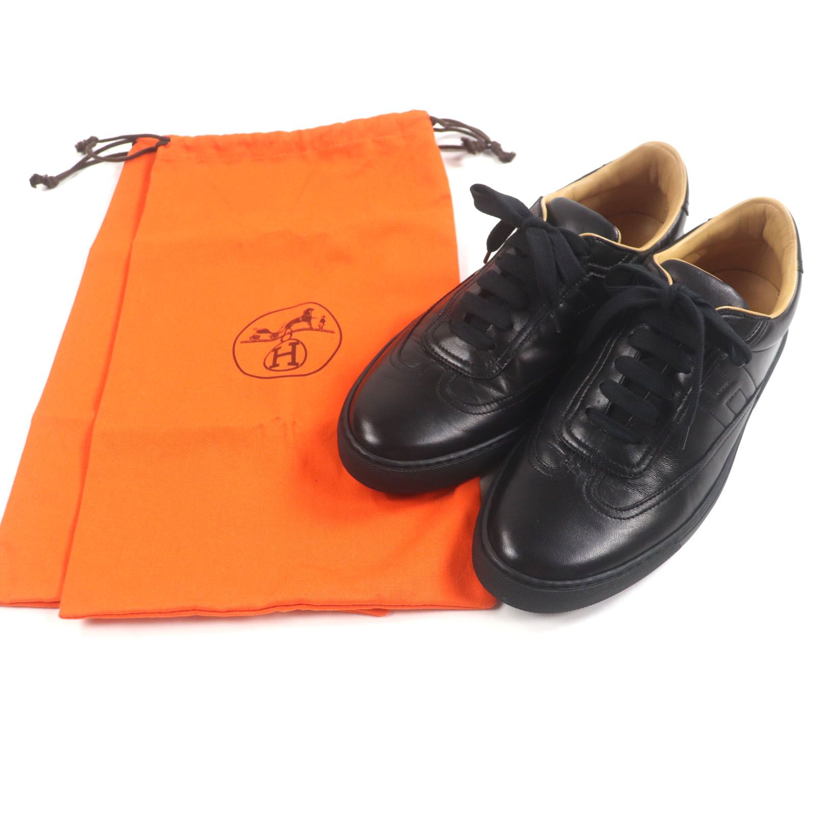 極美品 エルメス Hロゴ クイック ローカットスニーカー ブラック 美品▽HERMES エルメス Quick クイック カーフレザー Hロゴ