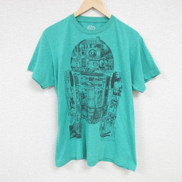 L/古着 半袖 Tシャツ メンズ スターウォーズ STAR WARS R2-D2 クルーネック 薄緑 グリーン 霜降り 24jun21 中古