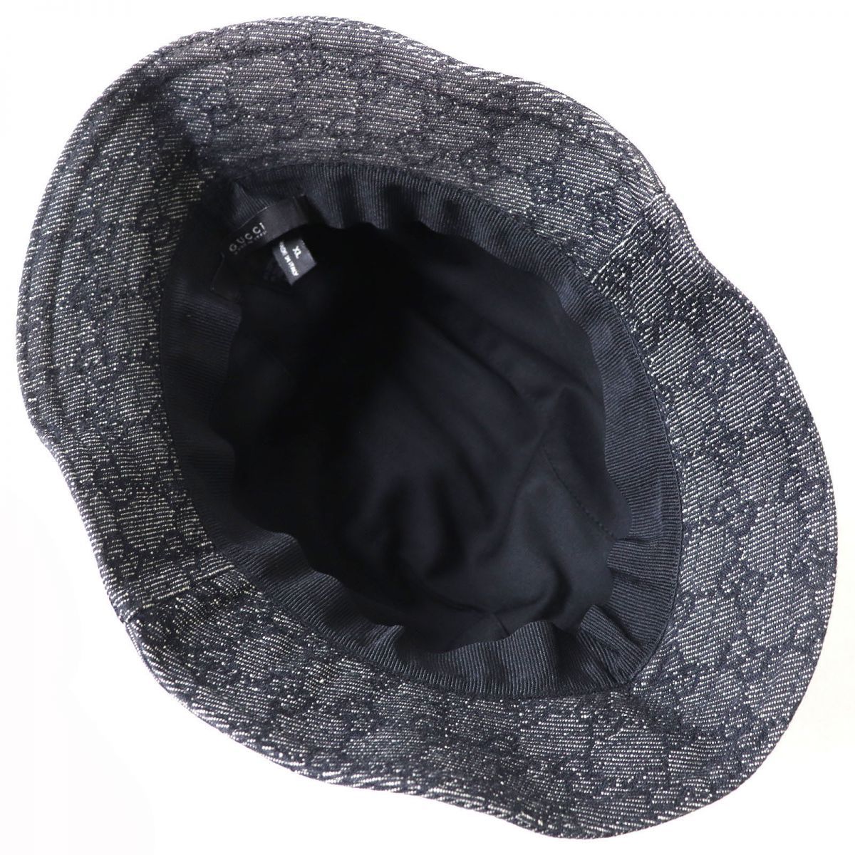 GUCCI バケットハット 帽子 GGキャンバス ロゴプレート 黒 レザー