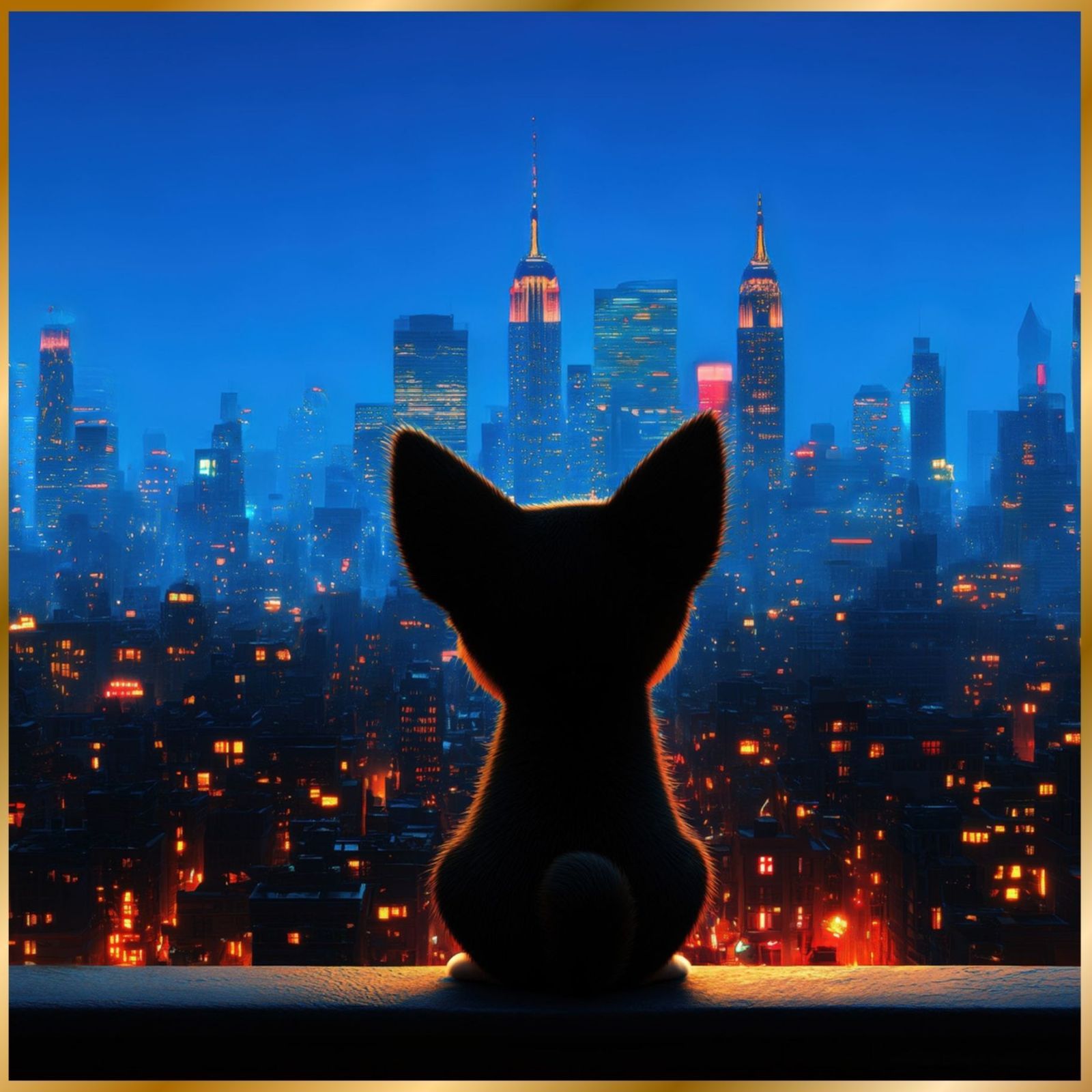 Luna and New York City - チワワ犬 ブラックタン 夜景 ニューヨーク マンハッタン シティー インテリアアート ペットロス うちの子 記念日 アートポスター 犬の絵 犬のイラスト ギフト プレゼント