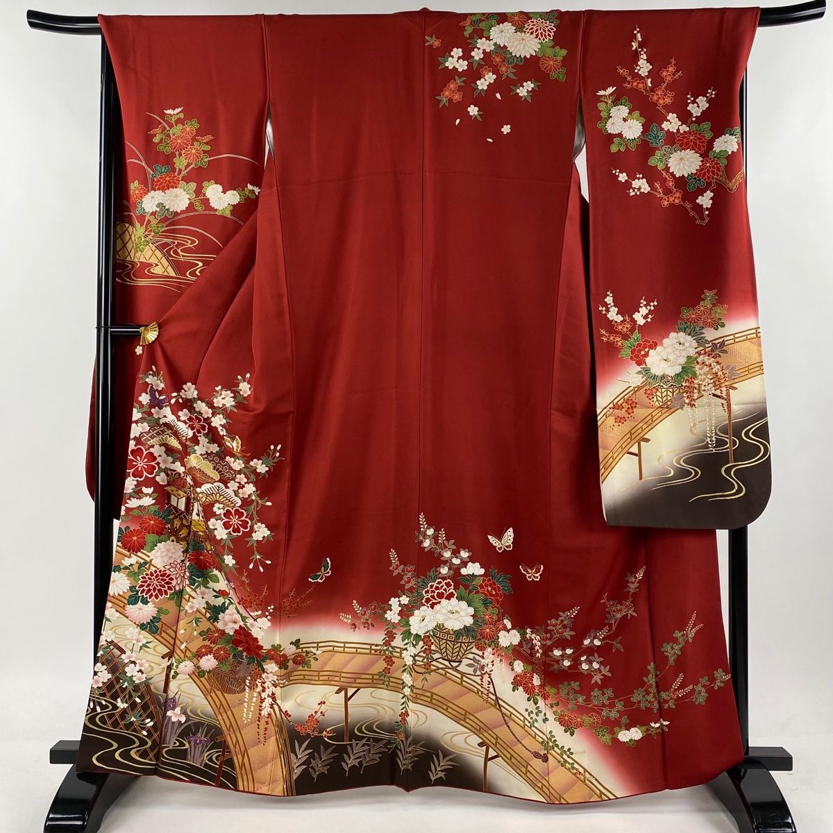 訪問着 身丈163.5cm 裄丈71cm L 袷 扇 花鳥 金彩 ぼかし 赤茶 正絹 美  