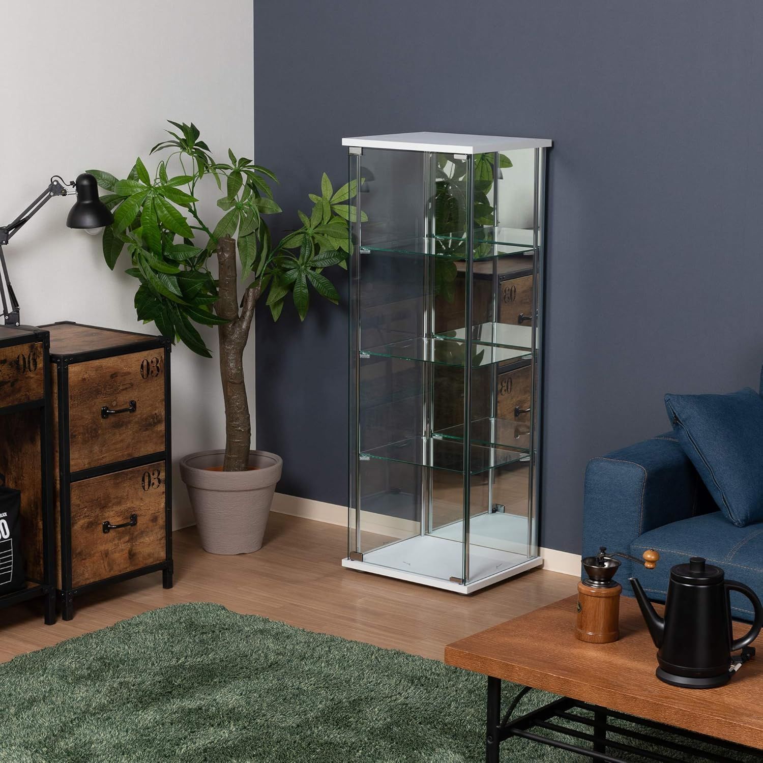 不二貿易 ケース フィギュアケース 4段 幅42.5×奥行36.5×高さ120cm ホワイト 強化ガラス 背面ミラー 組立商品 97338