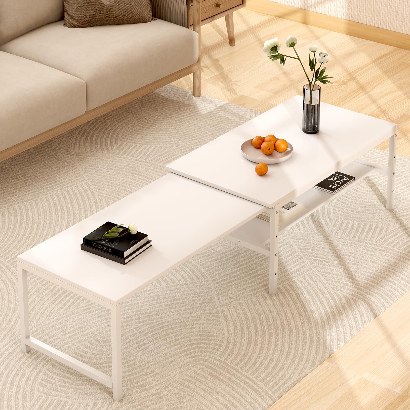 LunarLight ローテーブル 幅伸縮80-140奥行45高さ35cm 無段階で調整できる伸縮ローテーブル センターテーブル リビング 机 座卓 コンパクトデザイン 収納棚板の高さ可動式 床傷防止用のフェルト付き 強度安定 錆び防止 耐摩擦性 耐