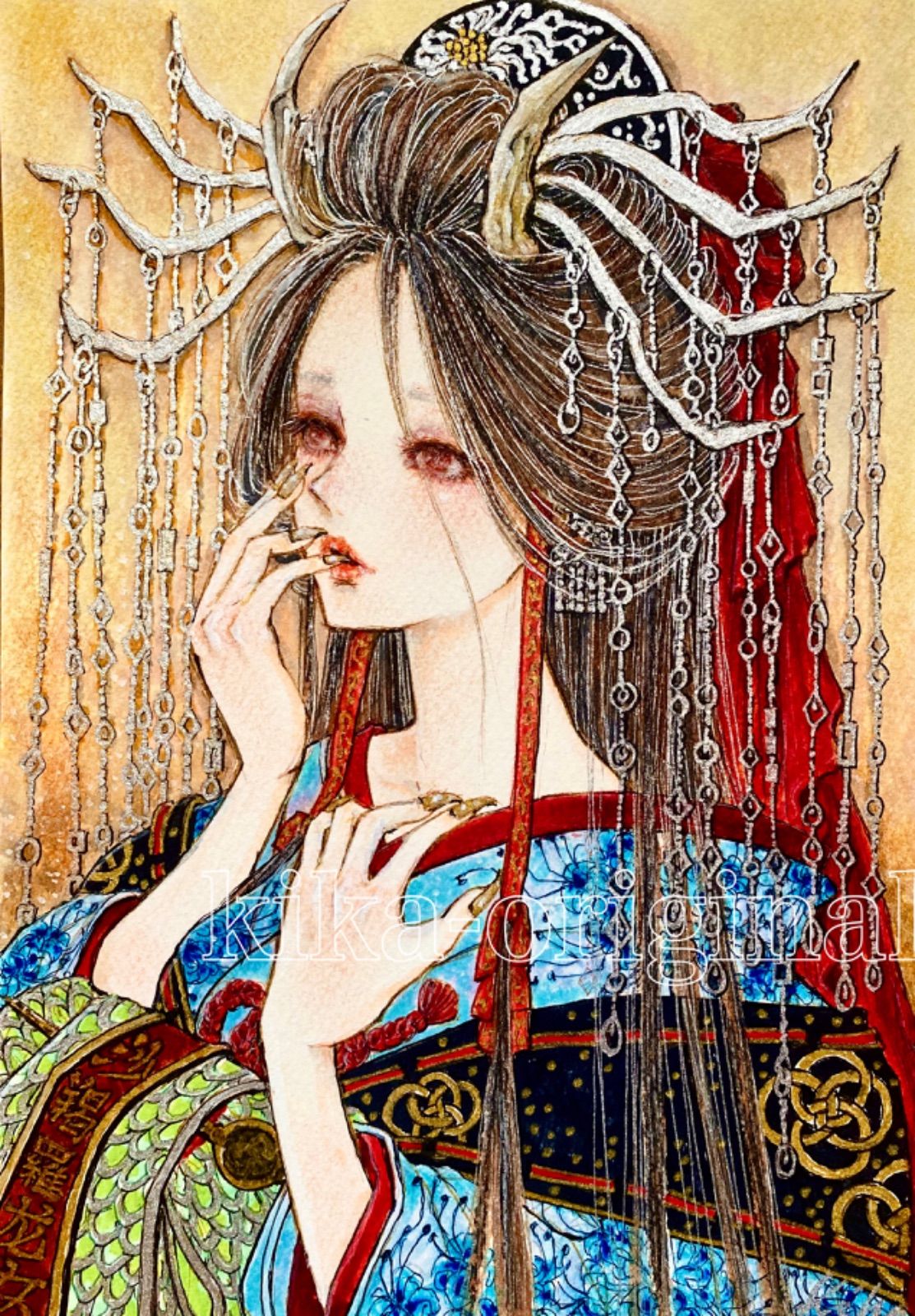 手描きイラスト「馳せる」オリジナルアナログ原画 サムホールサイズ