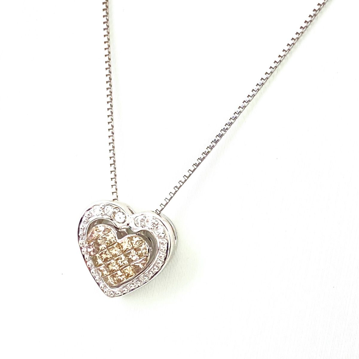 K14WG金製のハート型ペンダント K18WGネックレス 中古良品