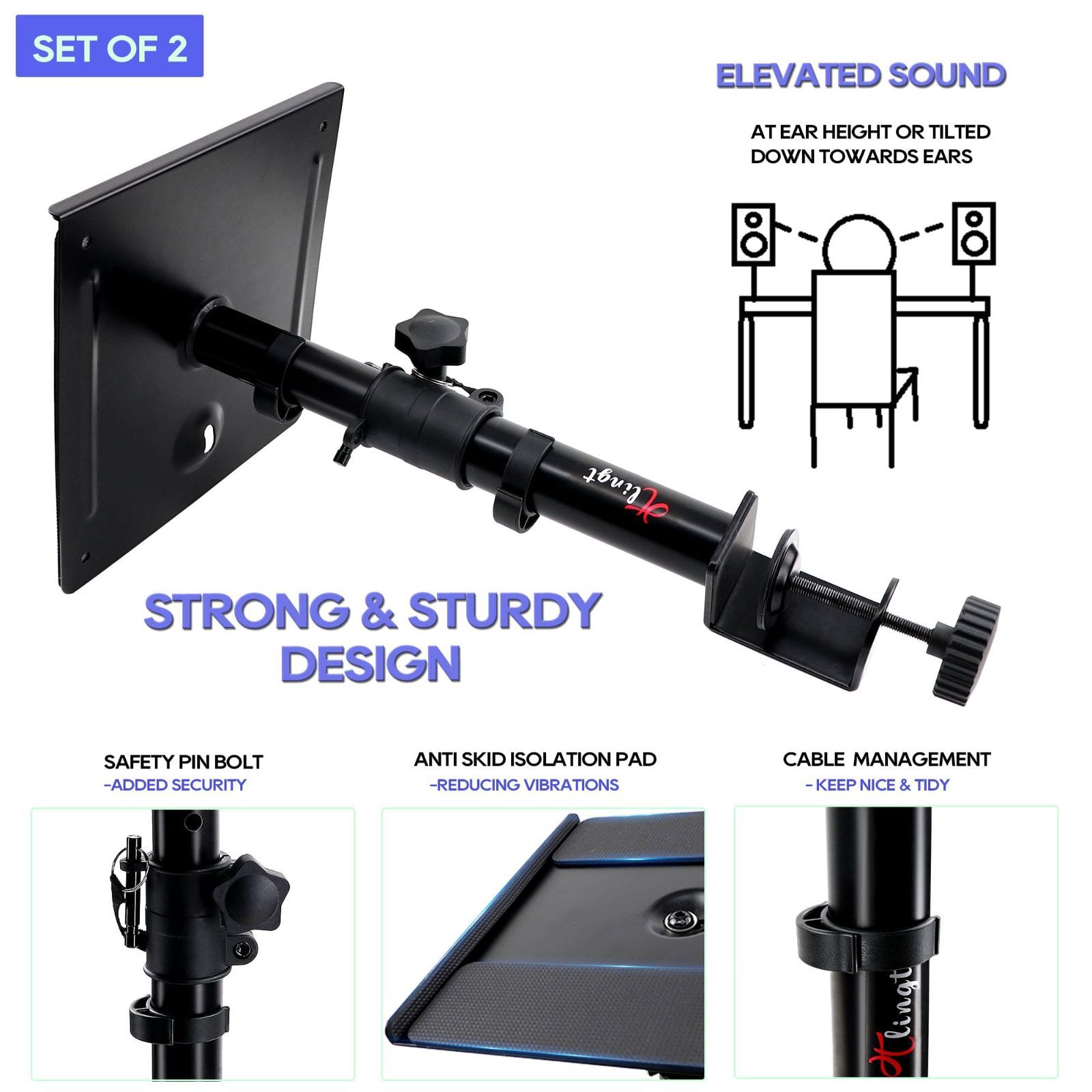クランプ モニタースピーカースタンド 小型 高さ22～36cm，角度-10°～+