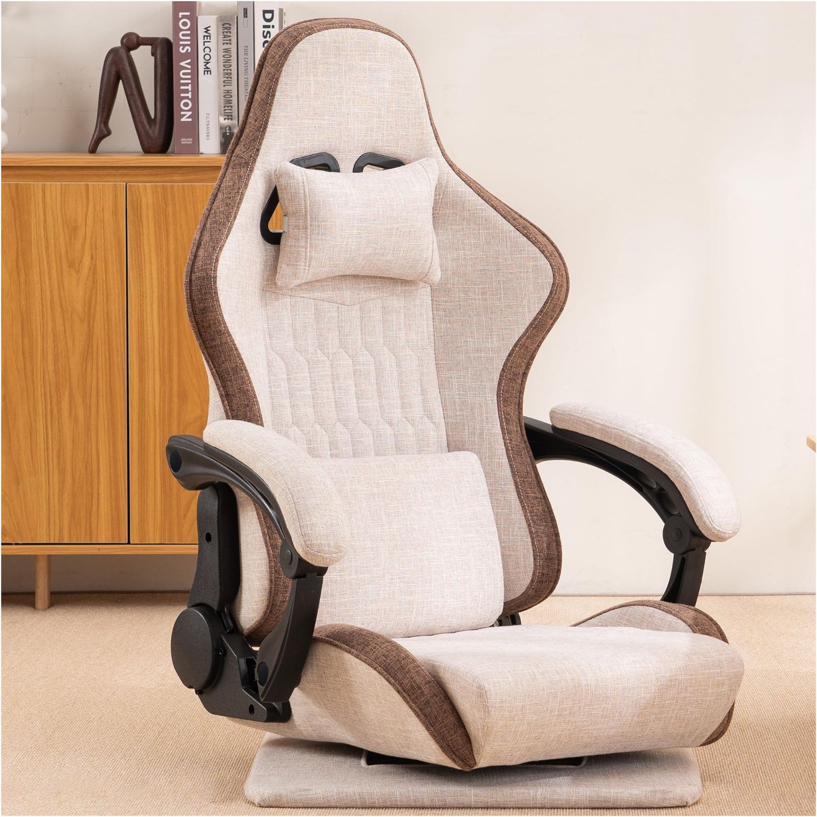 ファブリック ファブリック 回転式 連動アームレスト ヘッドレスト付 ランバーサポート 180°リクライニング 腰が痛くならない ハイバック 360°回転 ゲーミング座椅子 ベージュ MOCHHOFU