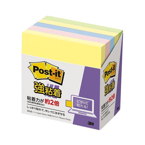 (まとめ) 3M ポスト・イット 強粘着ノートパステルカラー 75×75mm 混色 654-5SSAP 1パック（5冊） 【×10セット】