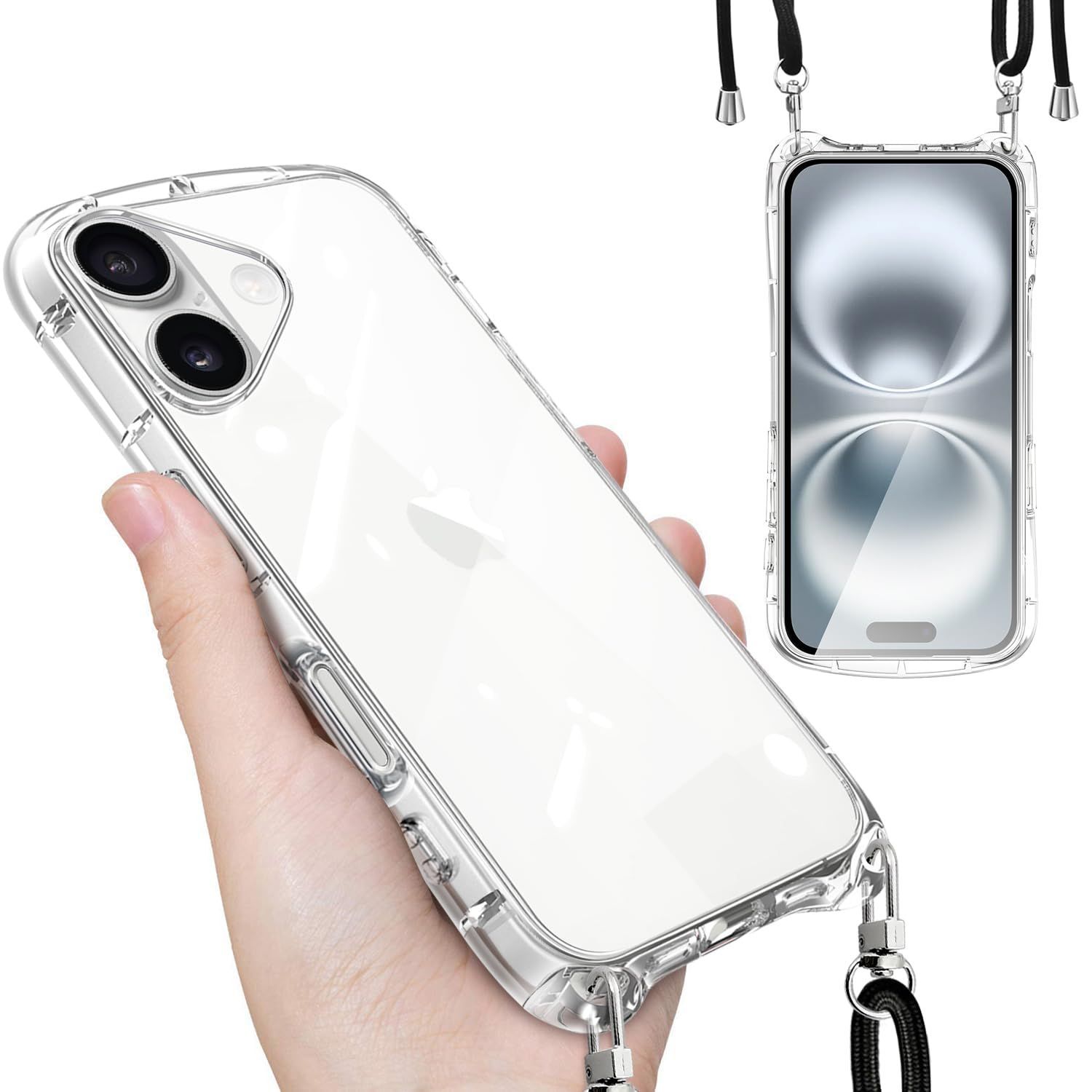 【新着商品】iPhone 16 用 ケース クリア ショルダー ストラップ付き iPhone 16 用 カバー 透明 肩掛け 斜めかけ TPU 耐衝撃 全面保護 薄型 韓国 可愛い 縄掛け アイフォン16 用 スマホケース