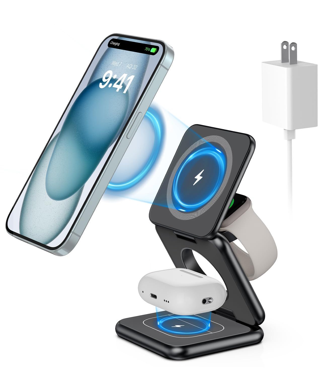 人気商品 AirPods|アップルウォッチ充電器 iPhone15|14|13|12シリーズ対応 3台同時充電 急速充電 折り畳み 日本語取扱書付き 5-15W出力 マグセーフ充電器 マグネット充電スタンド 3in1 ブラック ワイヤレス充電器 X40