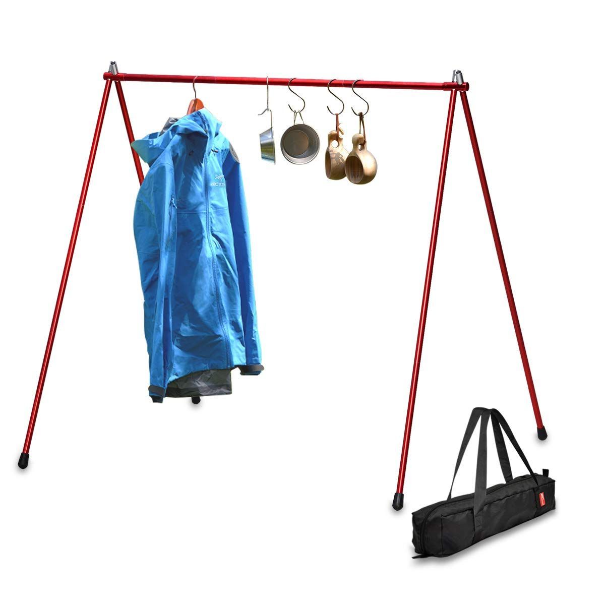 FIELDOOR 高強度耐荷重20kg アウトドアハンガーラック 簡単組み立て 収納バッグ付 超々ジュラルミン ランタン 衣類 シュラフ 食器 クッカー