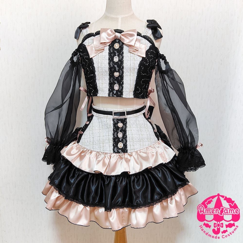 アイドル衣装 ピンク×黒 花柄 オリジナル ハンドメイド コスプレ衣装 地雷系 アイドル衣装 ピンク×黒 編み上げリボン オリジナル