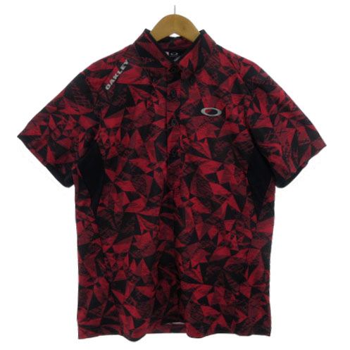 オークリー OAKLEY バーク Delta Shard シャツ 433783JP ポロシャツ ロゴ刺繍 ボタンダウン 半袖 総柄 レッド 赤 ブラック 黒 M