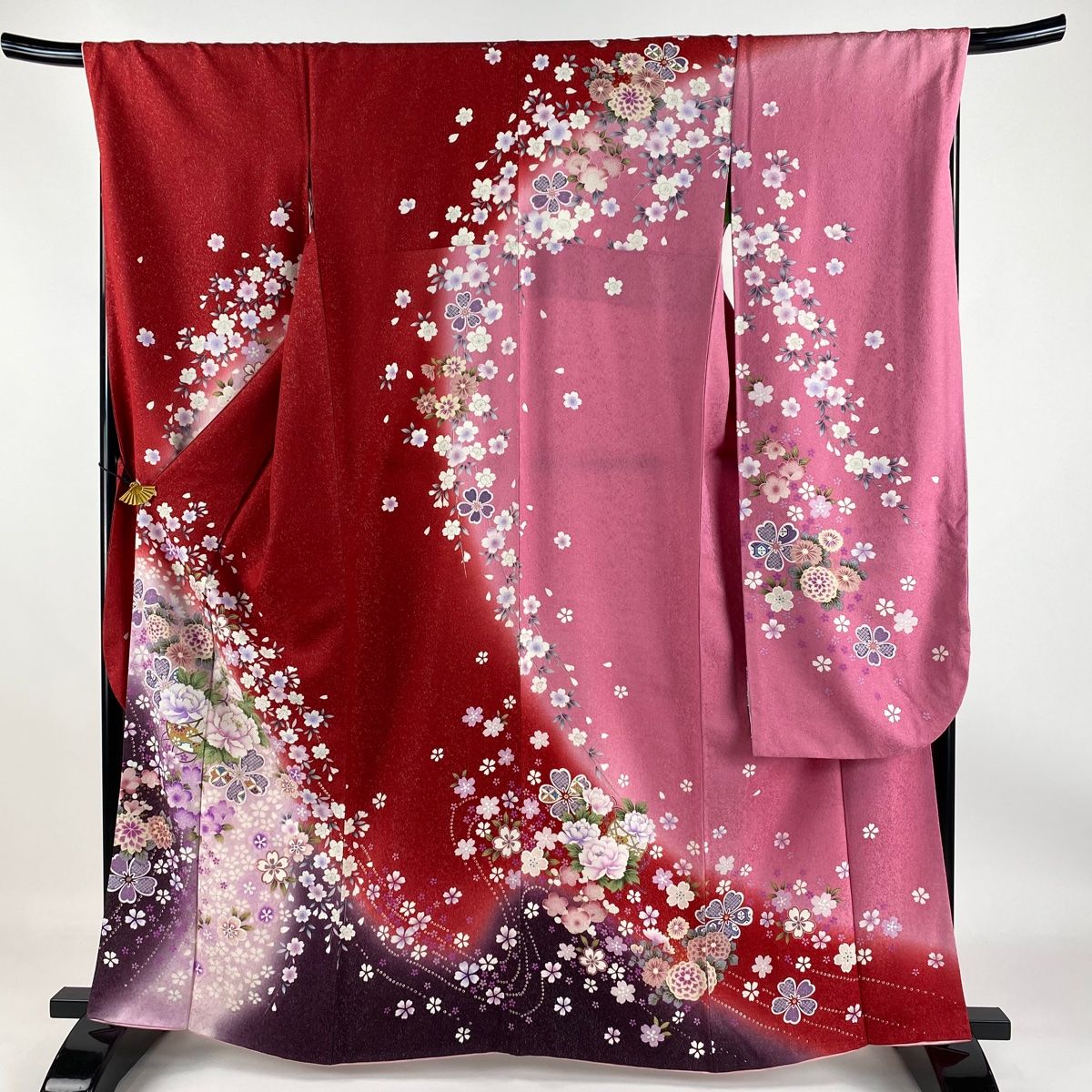 振袖 身丈162.5cm 裄丈70cm L 袷 花籠 牡丹 銀通し 箔 赤 正絹