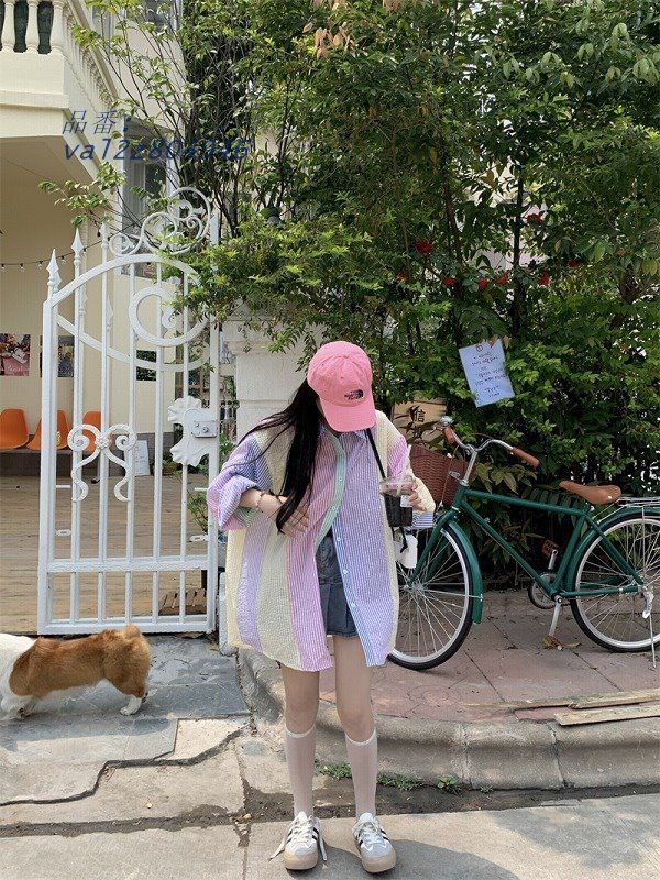 ストライプ シャツ 長袖 レディース 韓国 ストリート 原宿系 カラフル コーデ K-POP HIPHOP 衣装 マルチファッション Y2K ダンス ストライプ シャツ 長袖 レディース 韓国 ストリート マルチ