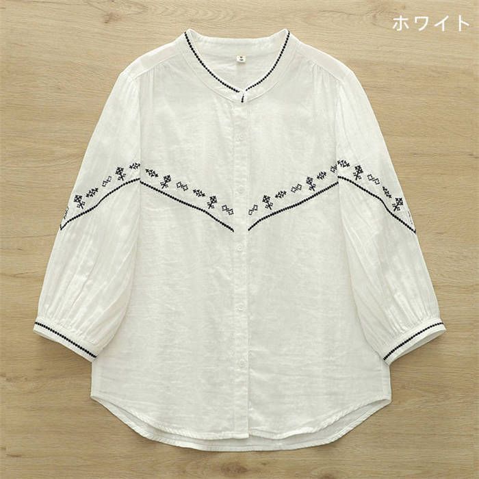 綿 ガーゼシャツ 刺繍 レディース 新作 ガーゼ 七分袖 シャツ V