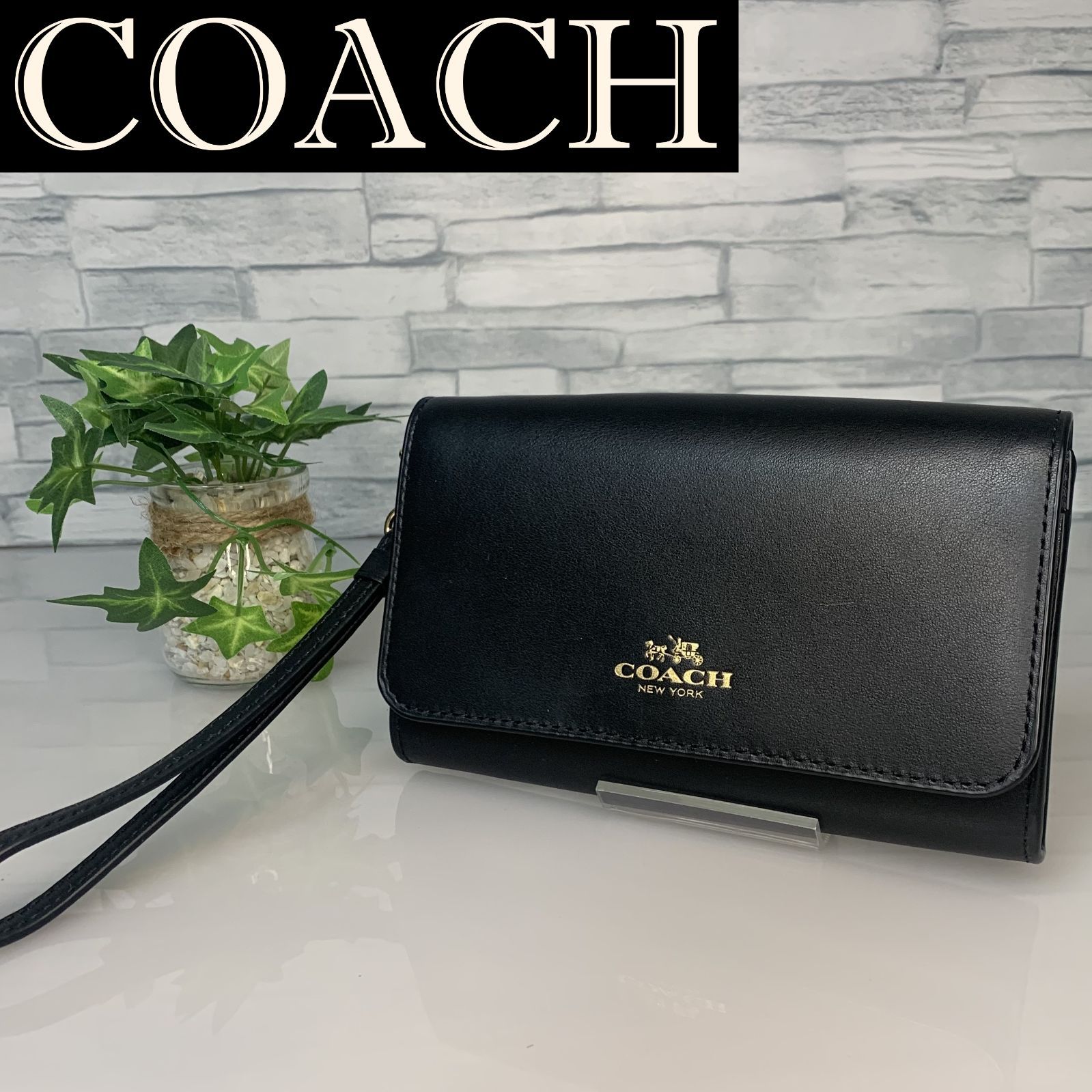 極美品✨】COACH コーチ ストラップ付き ウォレット 財布 ブラック