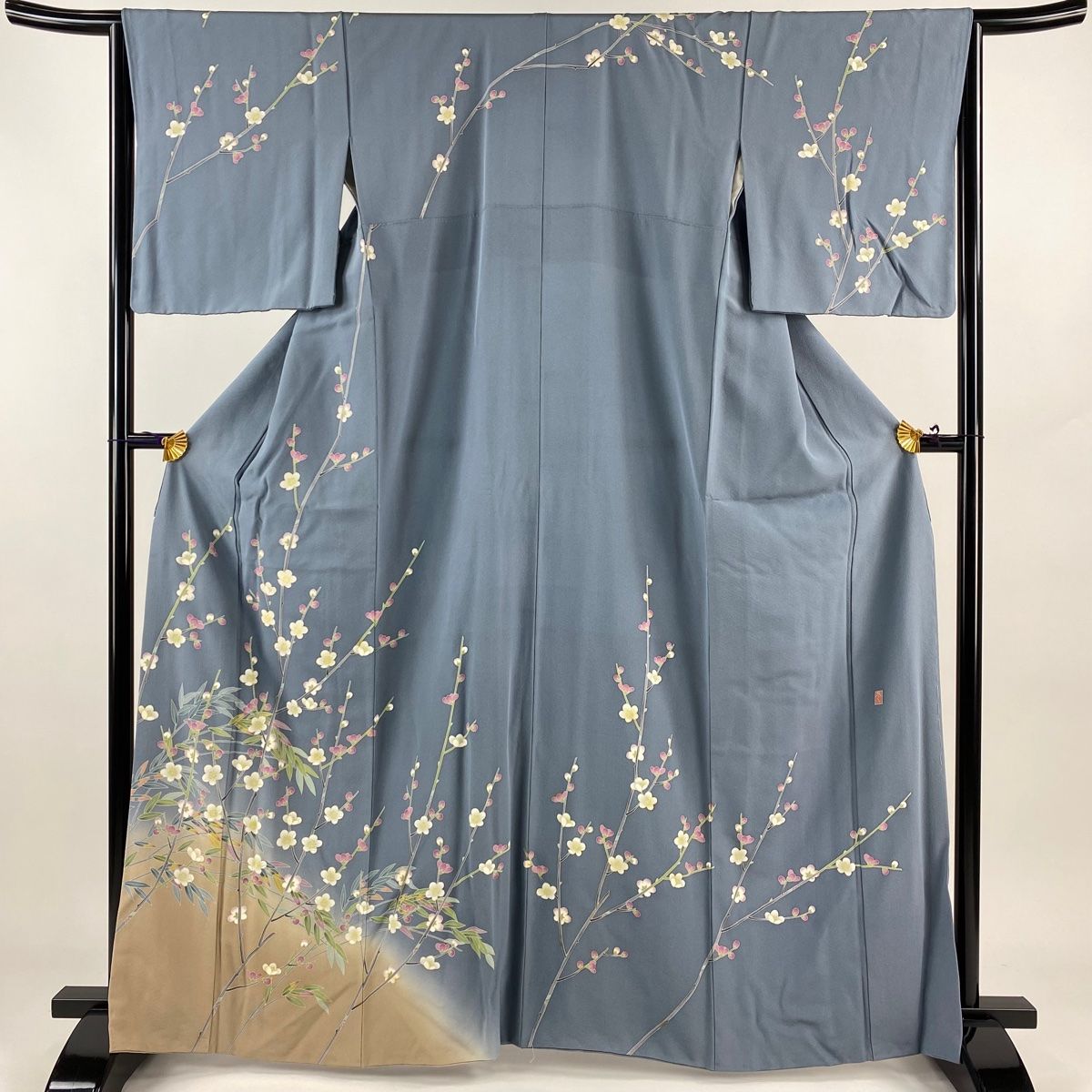 訪問着 身丈165cm 裄丈65.5cm M 袷 落款 枝梅 葉柄 染め分け ぼかし 青灰色 正絹 名品