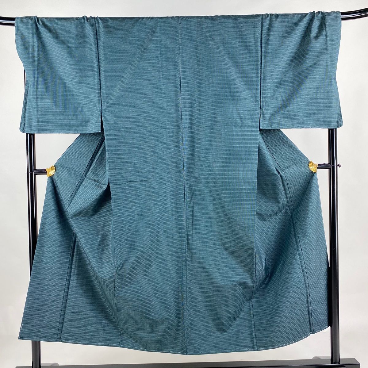 男着物 身丈150cm 裄丈72cm L 袷 紬地 アンサンブル 幾何学模様 緑 正絹 秀品
