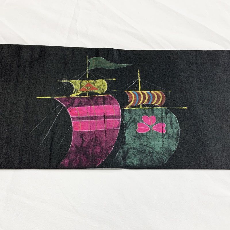 507an104◇アンティーク名古屋帯 帆船 海 大正ロマン 昭和レトロ 和洋