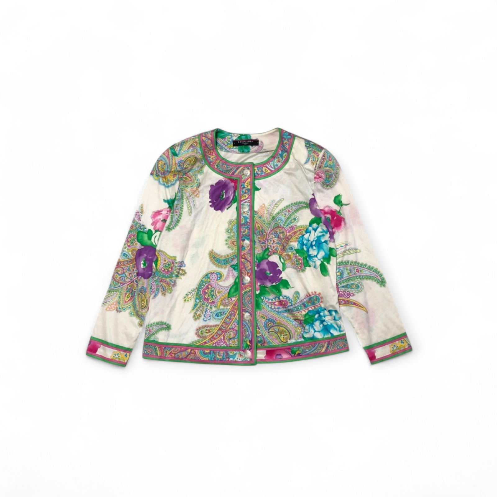 LEONARD レオナール カーディガン コットン ホワイト フラワー 花柄 サイズM 0339183 バンドカラー TOPS