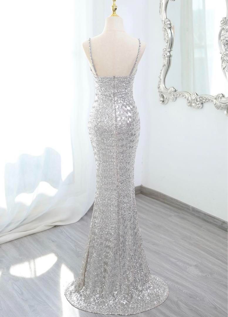 ☪ 総スパンコールのオシャレなデザインのロングイブニングドレス大人