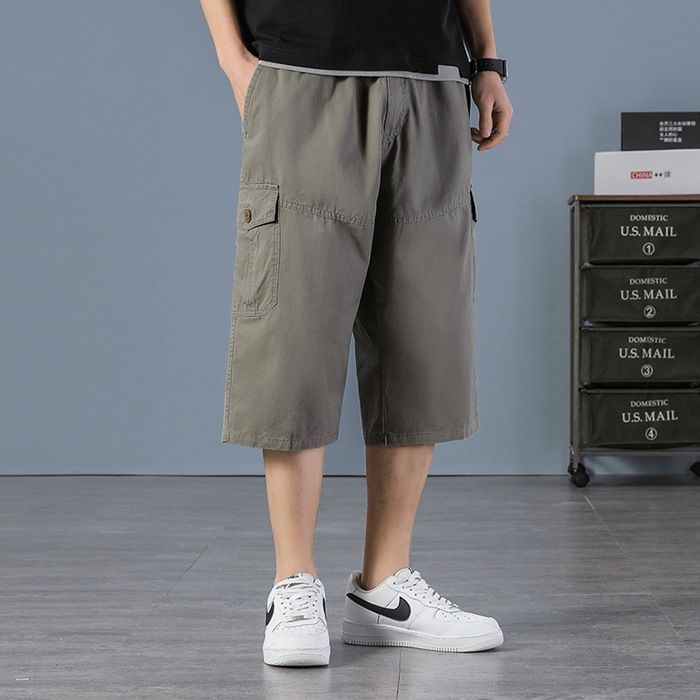 メンズ ひざ下ハーフパンツ 綿混紡 大きいサイズ ７分丈 カーゴパンツ 七分丈 ゆったり 太め コトン 通気 快適 丈夫 チノパン イージーパンツ ウエストゴム パンツ ショートパンツ アウトド