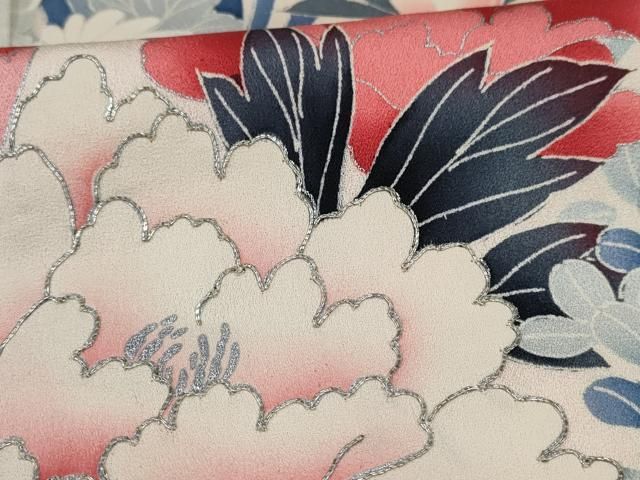 にこ　訪問着　単衣　銀駒刺繍　銀彩　花　百合　鉄線花　桔梗　着物　014k 訪問着レンタル・紅桔梗 紫系 暈し染め 駒刺繍 金彩 花草 雪輪