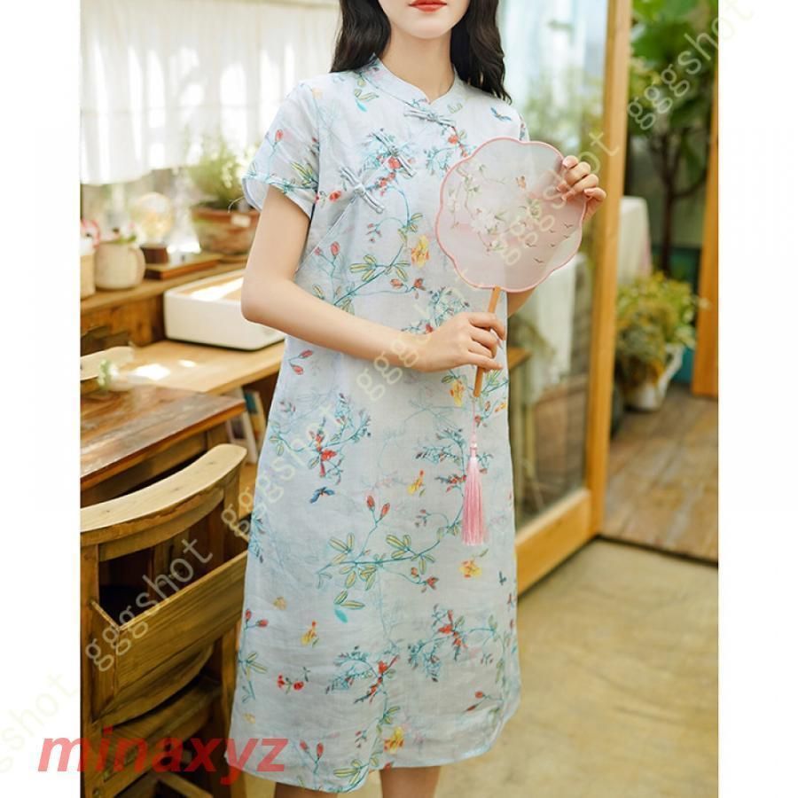 ワンピース レディース 春夏秋 ゆったり ロング 体型カバー 大きいサイズ ワンピ 綿麻 チャイナドレス 半袖 カジュアル フォーマル
