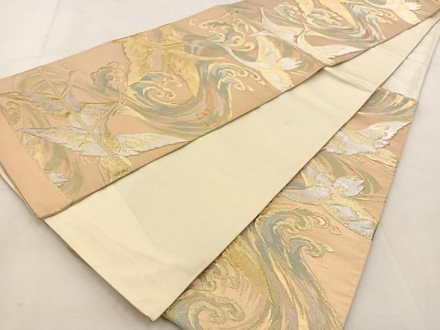 平和屋着物◎六通柄袋帯 飛鶴立波文 金銀糸 正絹 逸品