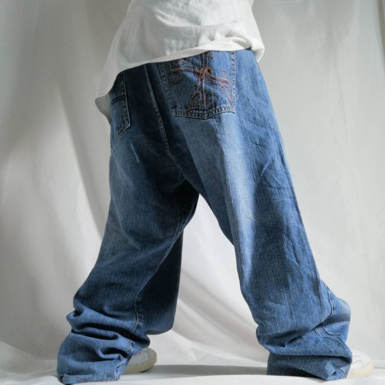 00年代 フブ FUBU プラチナムフブ バギーデニムパンツ ダメージ加工  