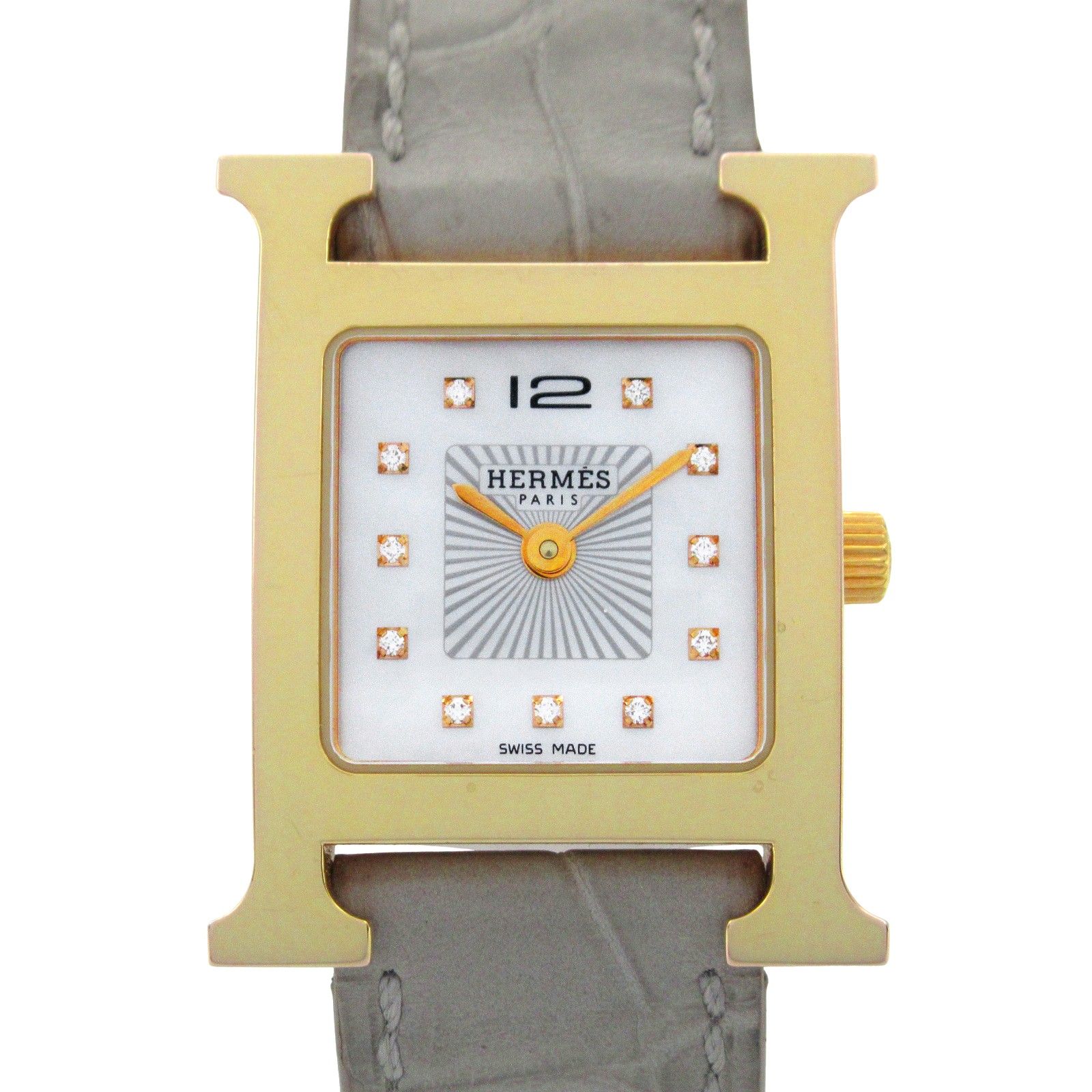 エルメス HERMES 腕時計 Hウォッチ 11Pダイヤ HH1.202b ホワイトシェル GP ゴールドメッキ Hウォッチ 11Pダイヤ レディース Used A