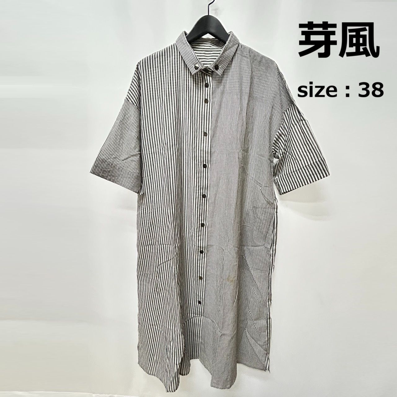 芽風 38 グレー系 ロングシャツワンピース 半袖ドレス ストライプ Aライン ゆったり 個性的 レディース 日本製 センソユニコ マツオ