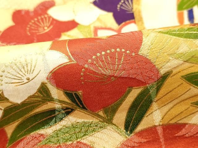 花車模様 レトロ 菊/牡丹/菖蒲/橘 珊瑚朱色 金彩 豪華 袷 正絹 振袖 着物 花車模様 レトロ 菊/牡丹/菖蒲/橘 珊瑚朱色 金彩 豪華 袷 正絹