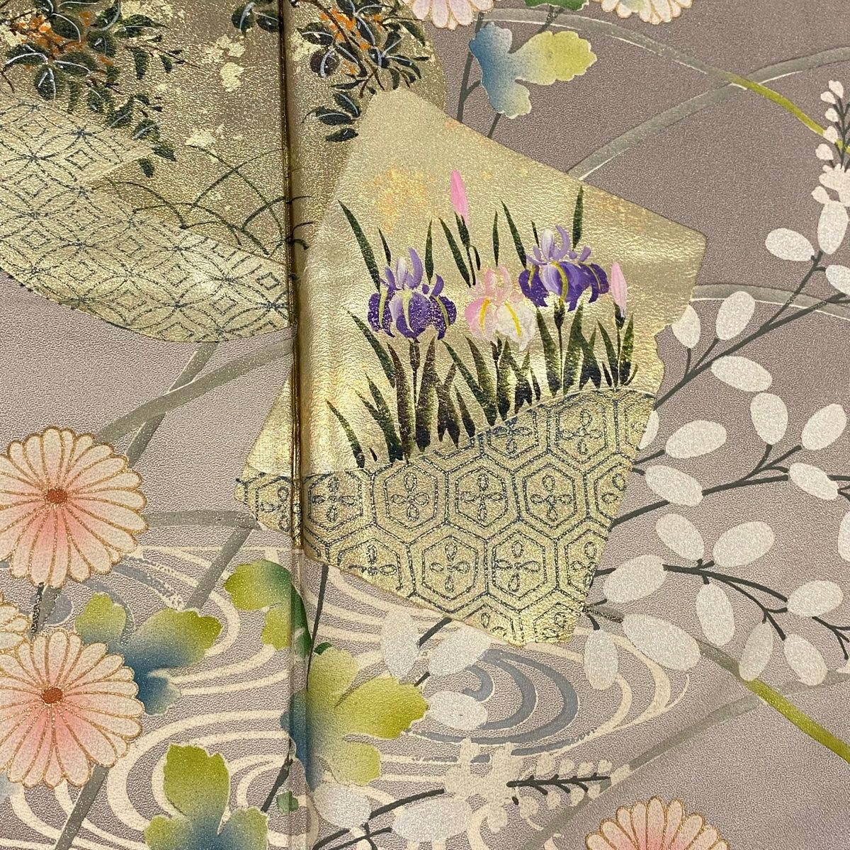 色留袖 身丈159cm 裄丈67cm M 袷 破れ色紙 草花 金彩 ぼかし 灰