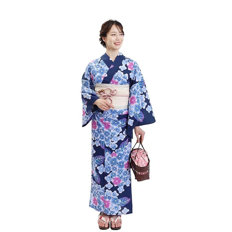 青系お任せ半幅帯+お任せ下駄つき◇大人ゆかた◇黒紺のうさぎ朝顔と