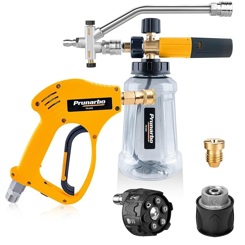 泡洗車と水洗浄を1秒で切り替えるダブルコネクター ショートガン ケルヒャー対応 レバー固定機能 スイベル付き 高圧洗浄ショートガン フォームガン 洗車 軽量 ショートガン 泡洗車 ケルヒャー ショートガン 5 1噴射ノズル 0-65° 調節 1L 0