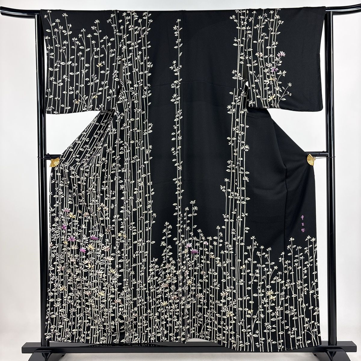 訪問着 身丈157cm 裄丈64cm M 袷 帝王紫 落款 菊 刺繍 金彩 黒 正絹