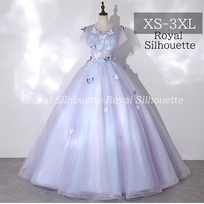 パーティードレス ナイトドレス 結婚式 パープル 紫 蝶 ノースリーブ 大きいサイズ 謝恩会 XS S M L XL LL 2XL XXL 3XL XXXL パーティー 姫系 発表会 プリンセス フェミニン シンプル 紐タイプ 食事会
