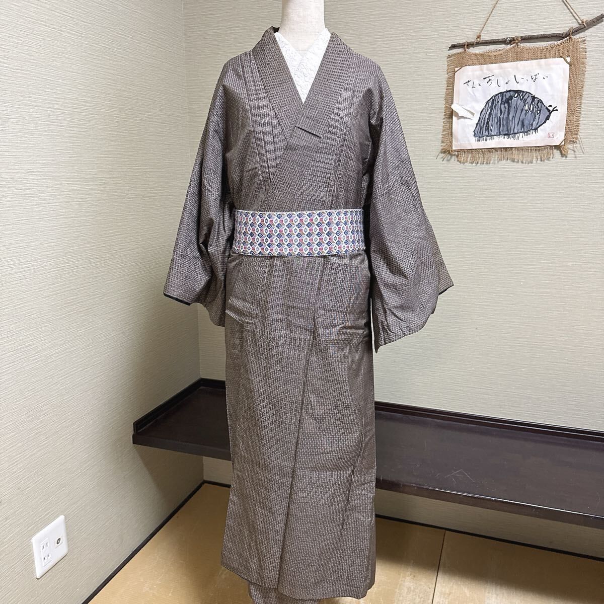 SS大きいサイズ男物お仕立て上がり正絹紬アンサンブル 茶色グレー地  