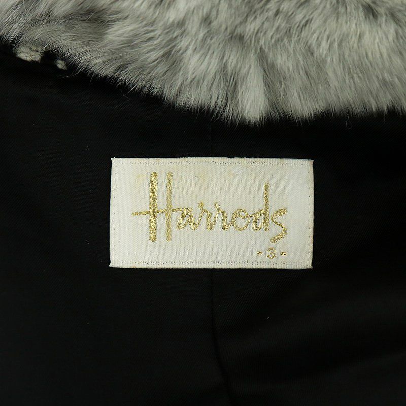 ハロッズ Harrods Aラインコート ミドル丈 チェック柄 ファー ウール アルパカ混 3 L 黒 ブラック 白 ホワイト 18500341  /AN31