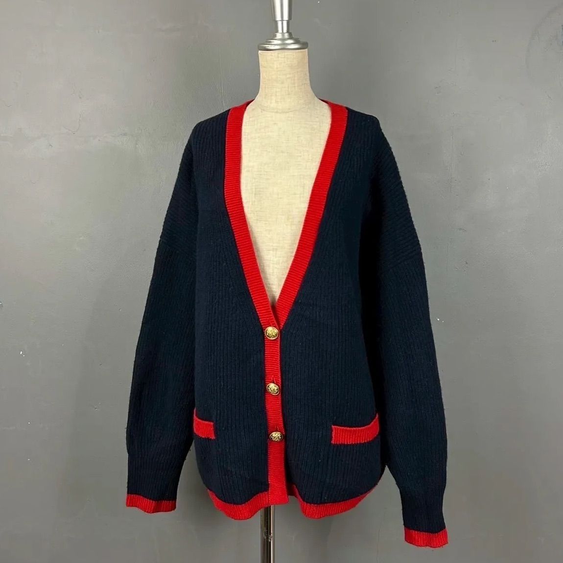 FRAMeWORK フレームワーク 畦Vネック 配色 長袖 カーディガン 金ボタン