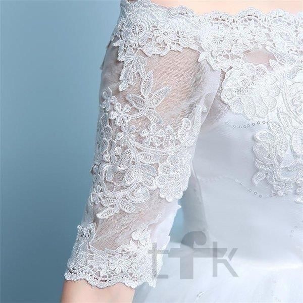 ウエディングドレス安いaライン白袖あり編み上げレース花嫁結婚式ハイウエストマタニティ用パーティードレス二次会ロング丈イブニングドレ