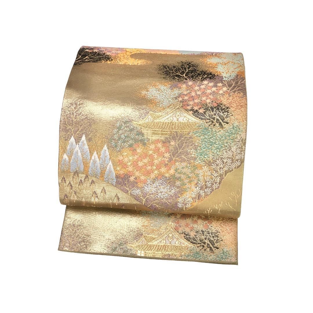 袋帯 本金二重箔 風景模様 寺院 金糸 金色 O-5174 袋帯 本金二重箔 風景模様 寺院 金糸 金色 O-5174 - メルカリ