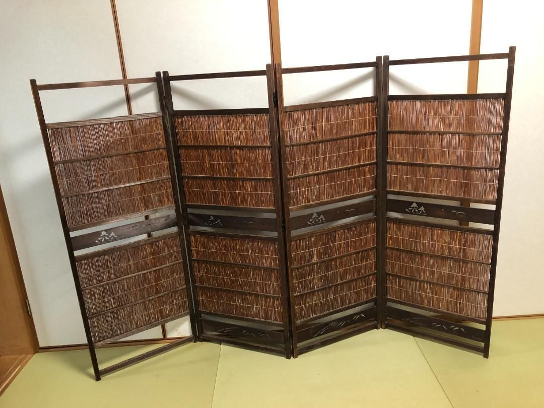 簾屏風 4連衝立 古民家 パーテーション 121.4×45.2×1.6cm ＃530