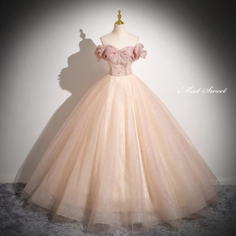 ドレス プリンセスライン ピンク オフショルダー ロングドレス ウェディングドレス 結婚式 二次会 花嫁 前撮り 演奏会 発表会 ステージ衣装 sjk