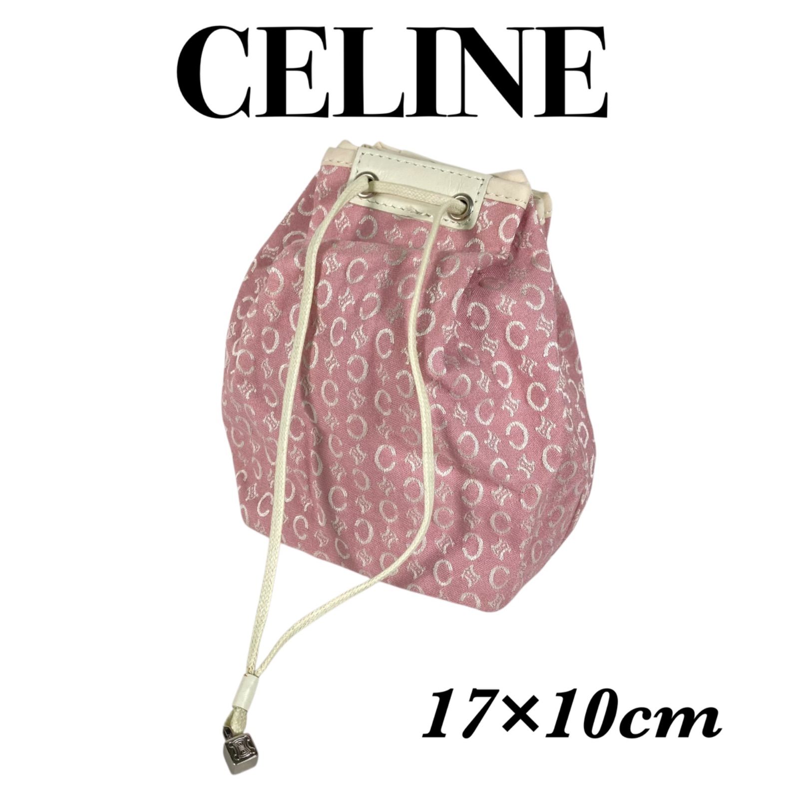 m41 CELINE セリーヌ マカダム Cマカダム 巾着 ポーチ ハンドバッグ キャンバス レザー 小物入れ ピンク ホワイト ヴィンテージ 株 川辺